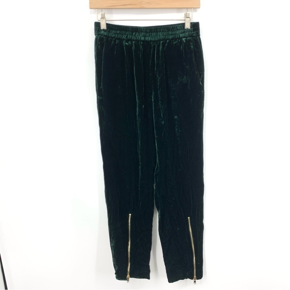 Sandro Paris Women Size 1 Small 4 Pants Green Velour Velvet Slim Pull On Trouser